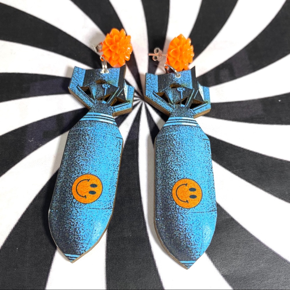 Blue Bomb Drop Wood Earrings with Orange Floral Stud